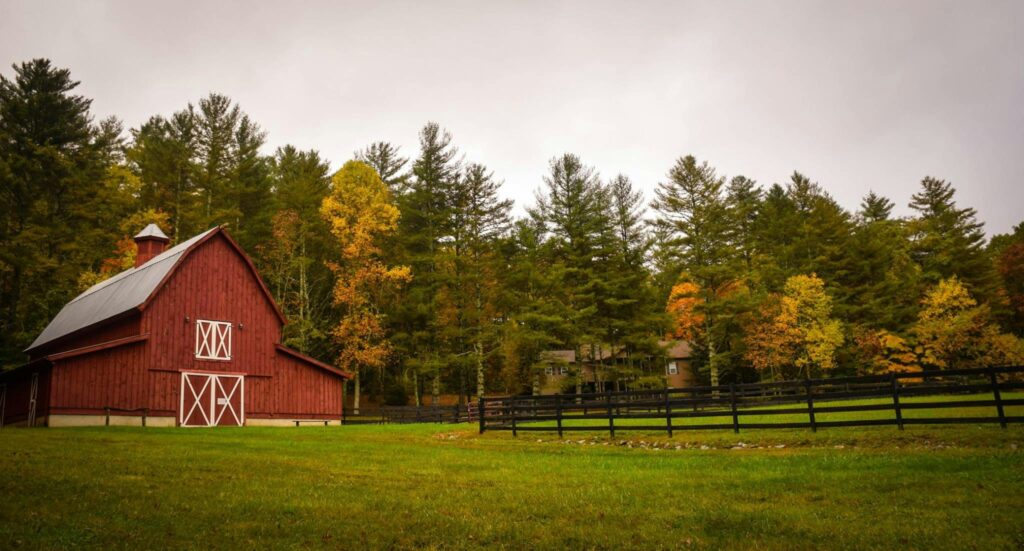 field with a red barn in a moody atmosphere