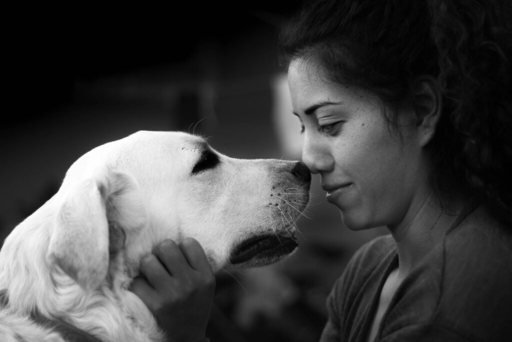 woman touching noses with a medium-sized dog